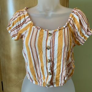 Aeropostale Top Yellow  White Stripe Cropped Button Down Peasant Puff Sleeve XS